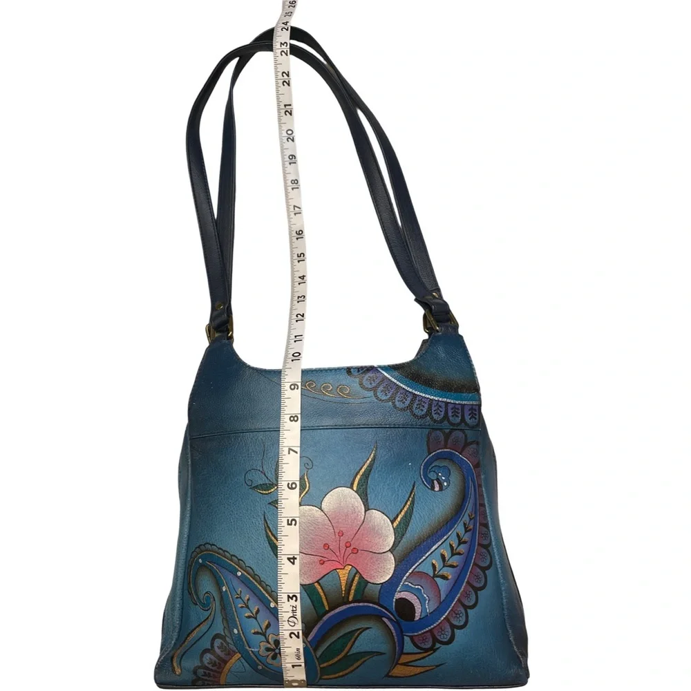 Anna by Anuschka Hand-Painted Blue Leather Hobo Bag - Picture 4 of 12